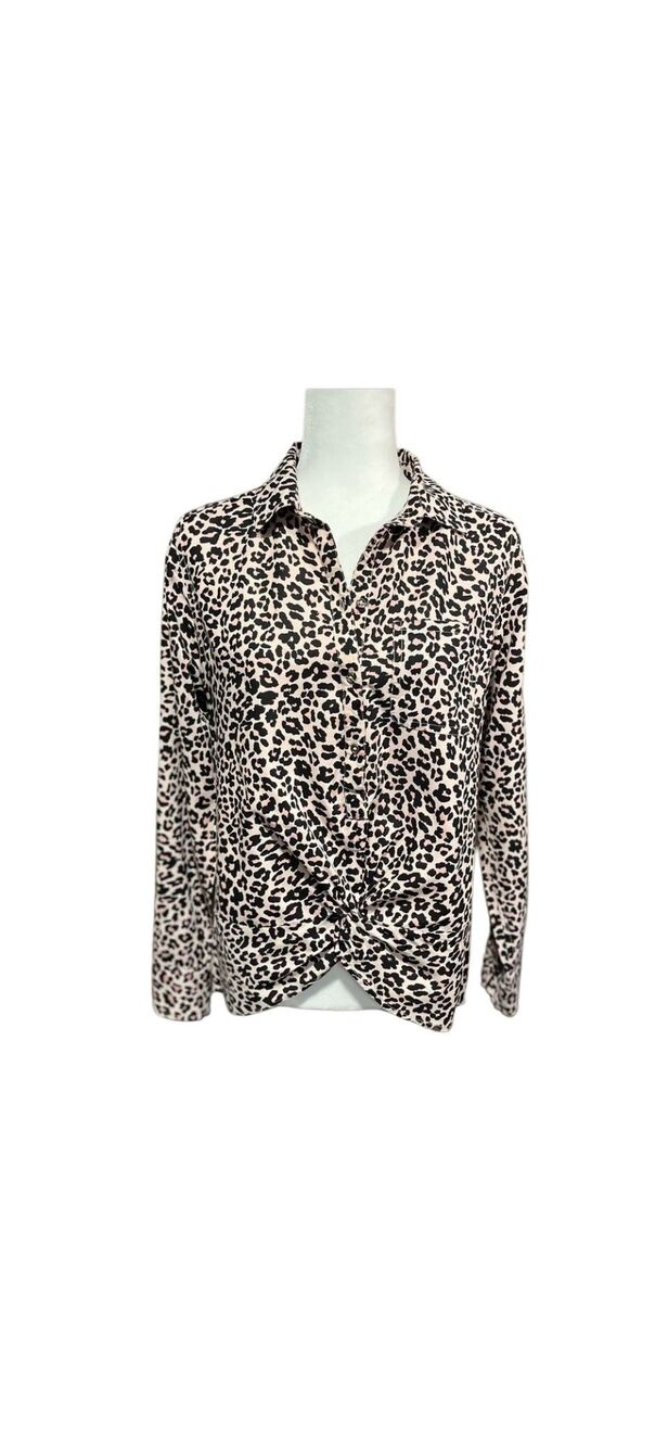 C&C California leopard print button front long sleeve blouse with gathered front
